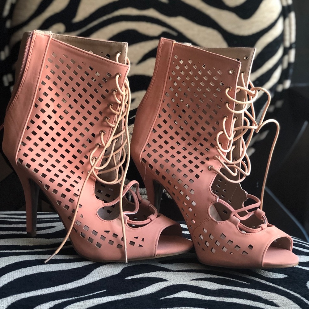 Peach Peep Toe Cut Out Lace Up Bootie-Sz 8.5